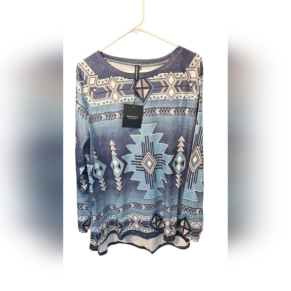 Just Fashion Now Tops - Just Fashion Now Blue and White Aztec Long Sleeve Top